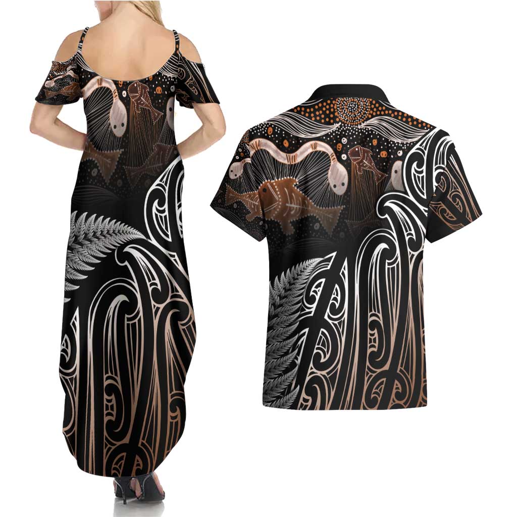 Aotearoa Maori - Australia Indigenous Couples Matching Summer Maxi Dress and Hawaiian Shirt Koiri Whakairo Mix Aboriginal Art LT7 - Polynesian Pride
