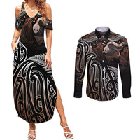 Aotearoa Maori - Australia Indigenous Couples Matching Summer Maxi Dress and Long Sleeve Button Shirt Koiri Whakairo Mix Aboriginal Art LT7 Brown - Polynesian Pride