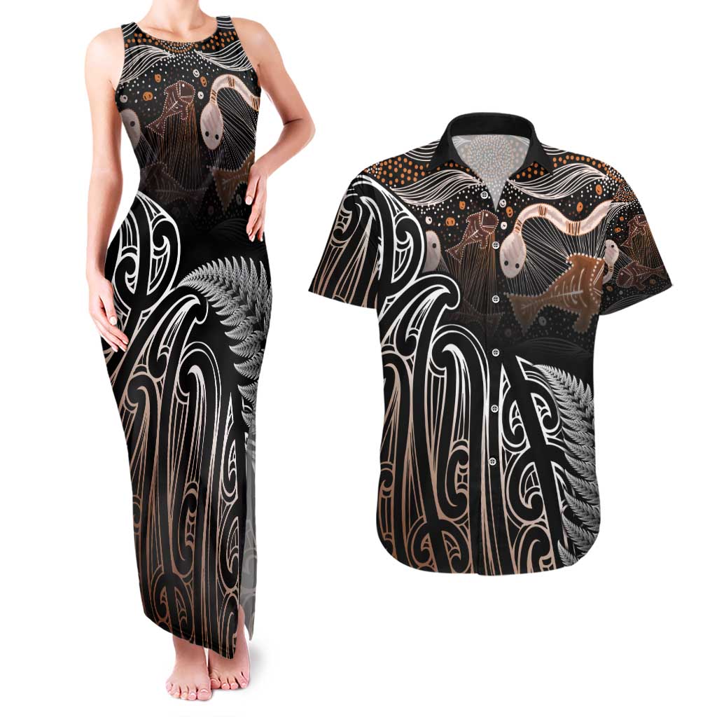 Aotearoa Maori - Australia Indigenous Couples Matching Tank Maxi Dress and Hawaiian Shirt Koiri Whakairo Mix Aboriginal Art LT7 Brown - Polynesian Pride