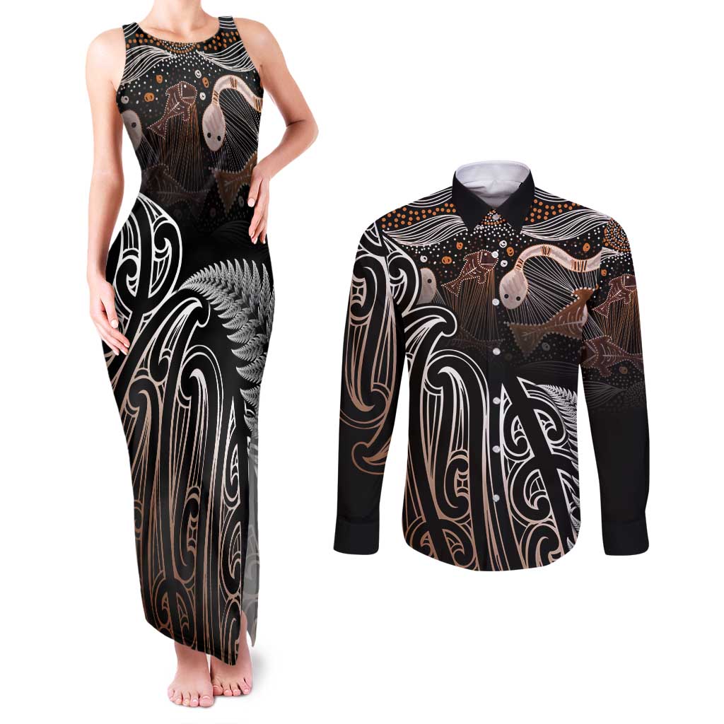Aotearoa Maori - Australia Indigenous Couples Matching Tank Maxi Dress and Long Sleeve Button Shirt Koiri Whakairo Mix Aboriginal Art LT7 Brown - Polynesian Pride
