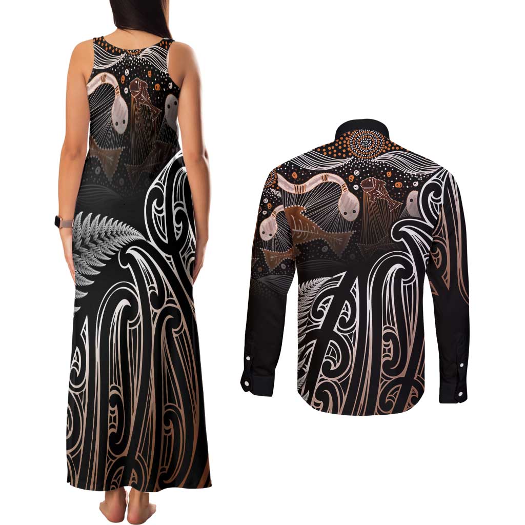 Aotearoa Maori - Australia Indigenous Couples Matching Tank Maxi Dress and Long Sleeve Button Shirt Koiri Whakairo Mix Aboriginal Art LT7 - Polynesian Pride