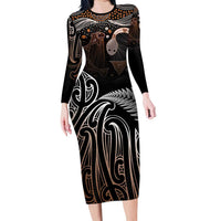 Aotearoa Maori - Australia Indigenous Family Matching Long Sleeve Bodycon Dress and Hawaiian Shirt Koiri Whakairo Mix Aboriginal Art LT7 Mom's Dress Brown - Polynesian Pride