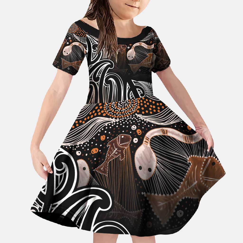 Aotearoa Maori - Australia Indigenous Family Matching Off Shoulder Maxi Dress and Hawaiian Shirt Koiri Whakairo Mix Aboriginal Art - Polynesian Pride