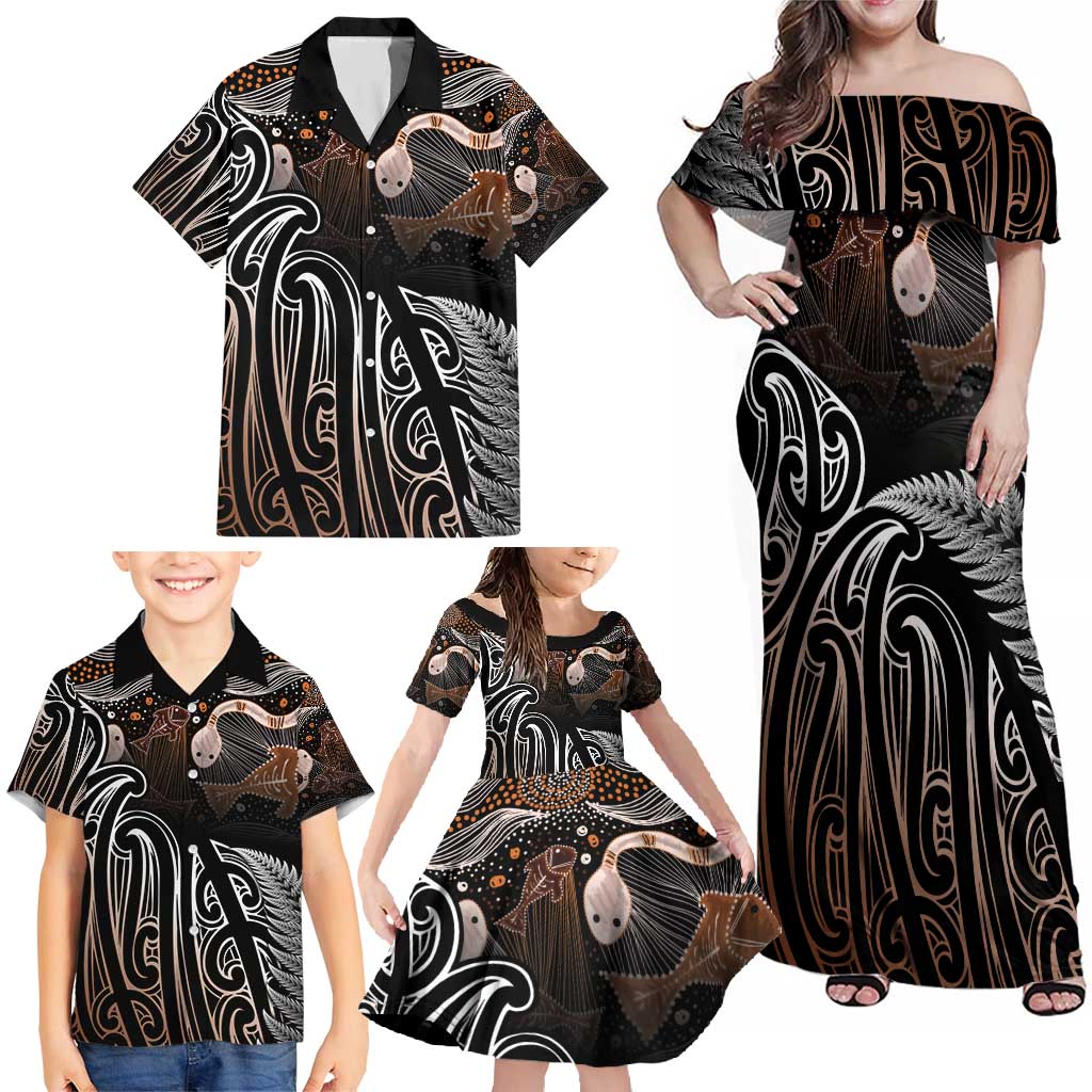 Aotearoa Maori - Australia Indigenous Family Matching Off Shoulder Maxi Dress and Hawaiian Shirt Koiri Whakairo Mix Aboriginal Art - Polynesian Pride