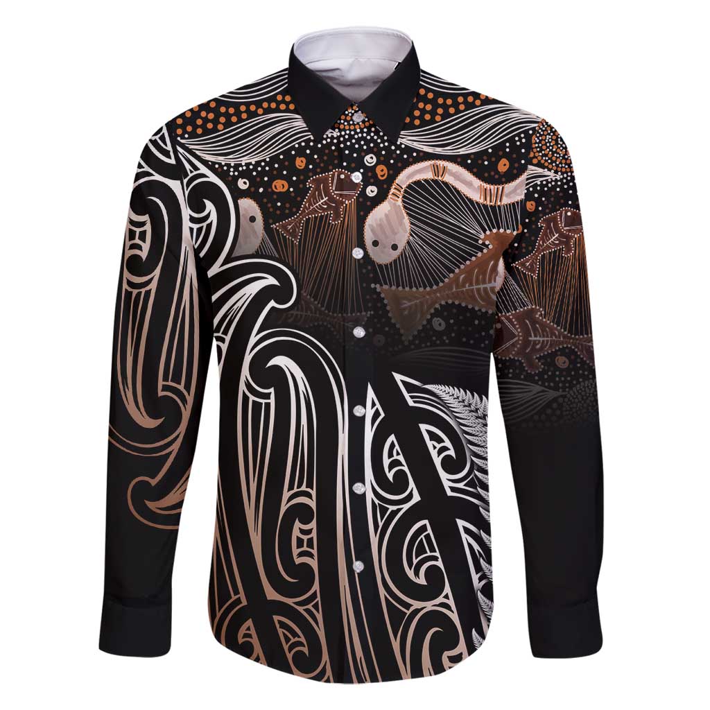 Aotearoa Maori - Australia Indigenous Family Matching Off Shoulder Maxi Dress and Hawaiian Shirt Koiri Whakairo Mix Aboriginal Art - Polynesian Pride