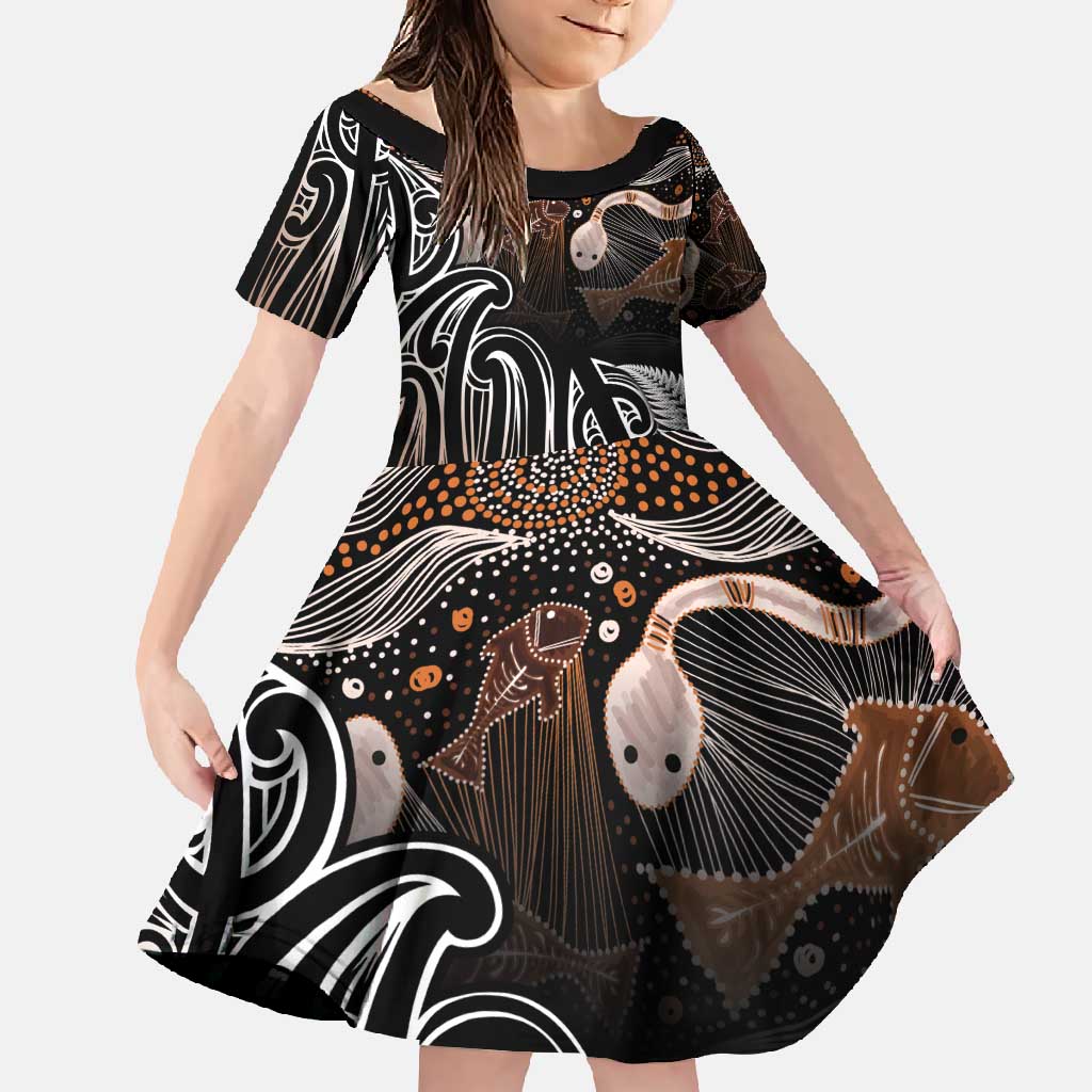 Aotearoa Maori - Australia Indigenous Family Matching Short Sleeve Bodycon Dress and Hawaiian Shirt Koiri Whakairo Mix Aboriginal Art LT7 Daughter's Dress Brown - Polynesian Pride