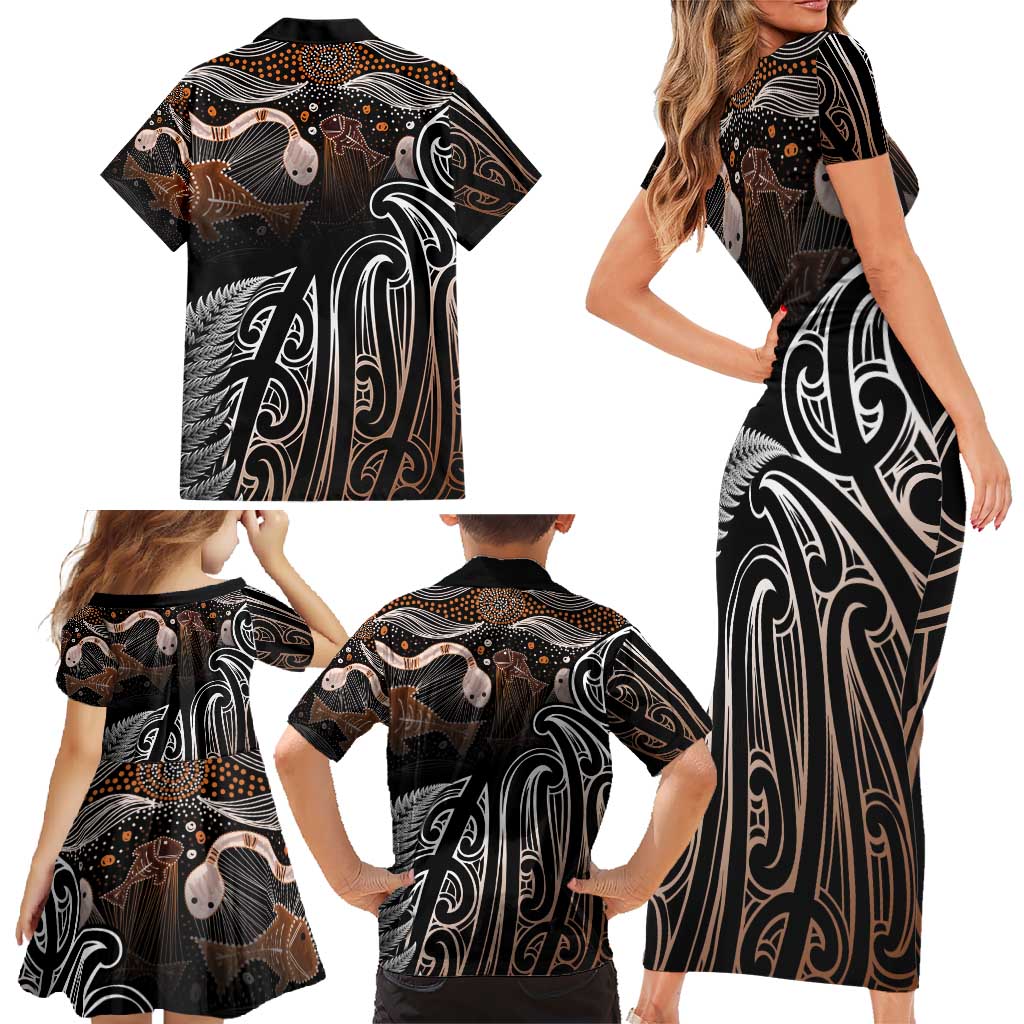 Aotearoa Maori - Australia Indigenous Family Matching Short Sleeve Bodycon Dress and Hawaiian Shirt Koiri Whakairo Mix Aboriginal Art LT7 - Polynesian Pride