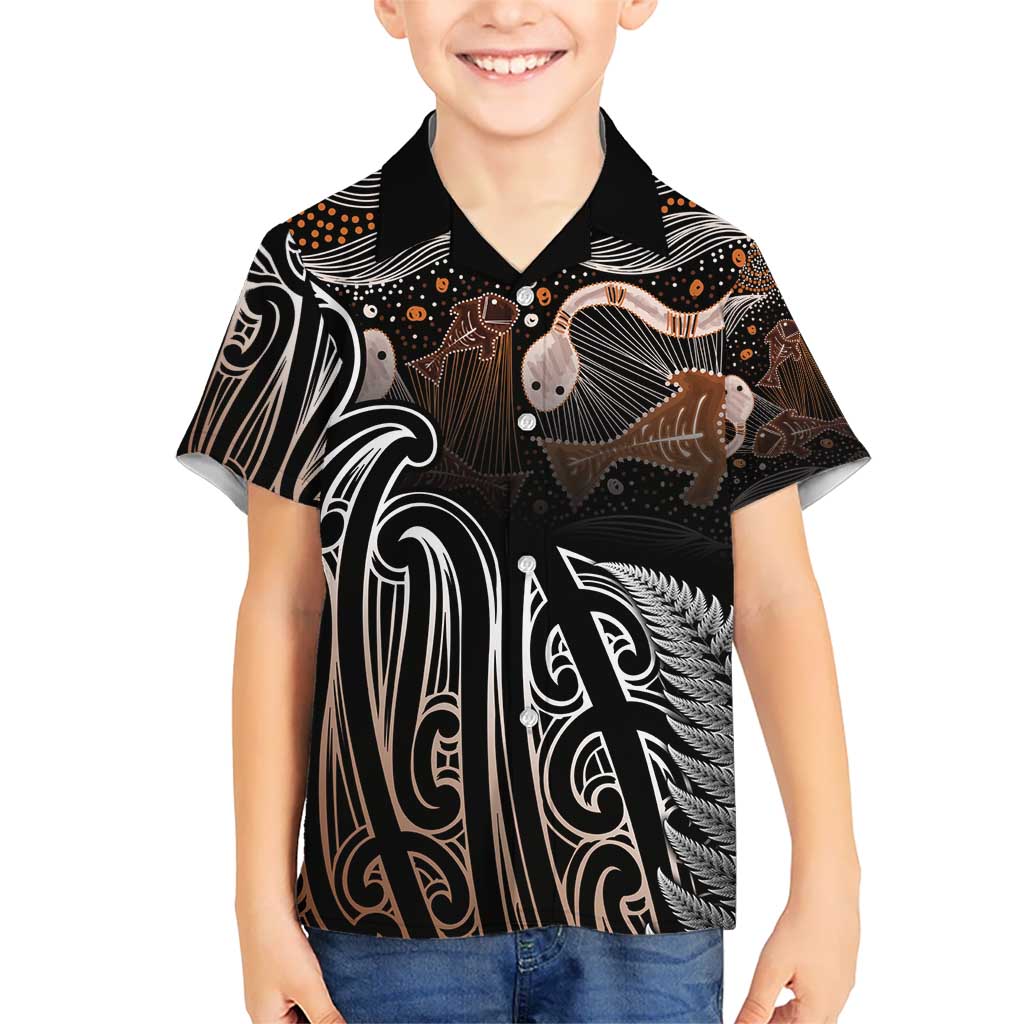 Aotearoa Maori - Australia Indigenous Kid Hawaiian Shirt Koiri Whakairo Mix Aboriginal Art LT7 Kid Brown - Polynesian Pride