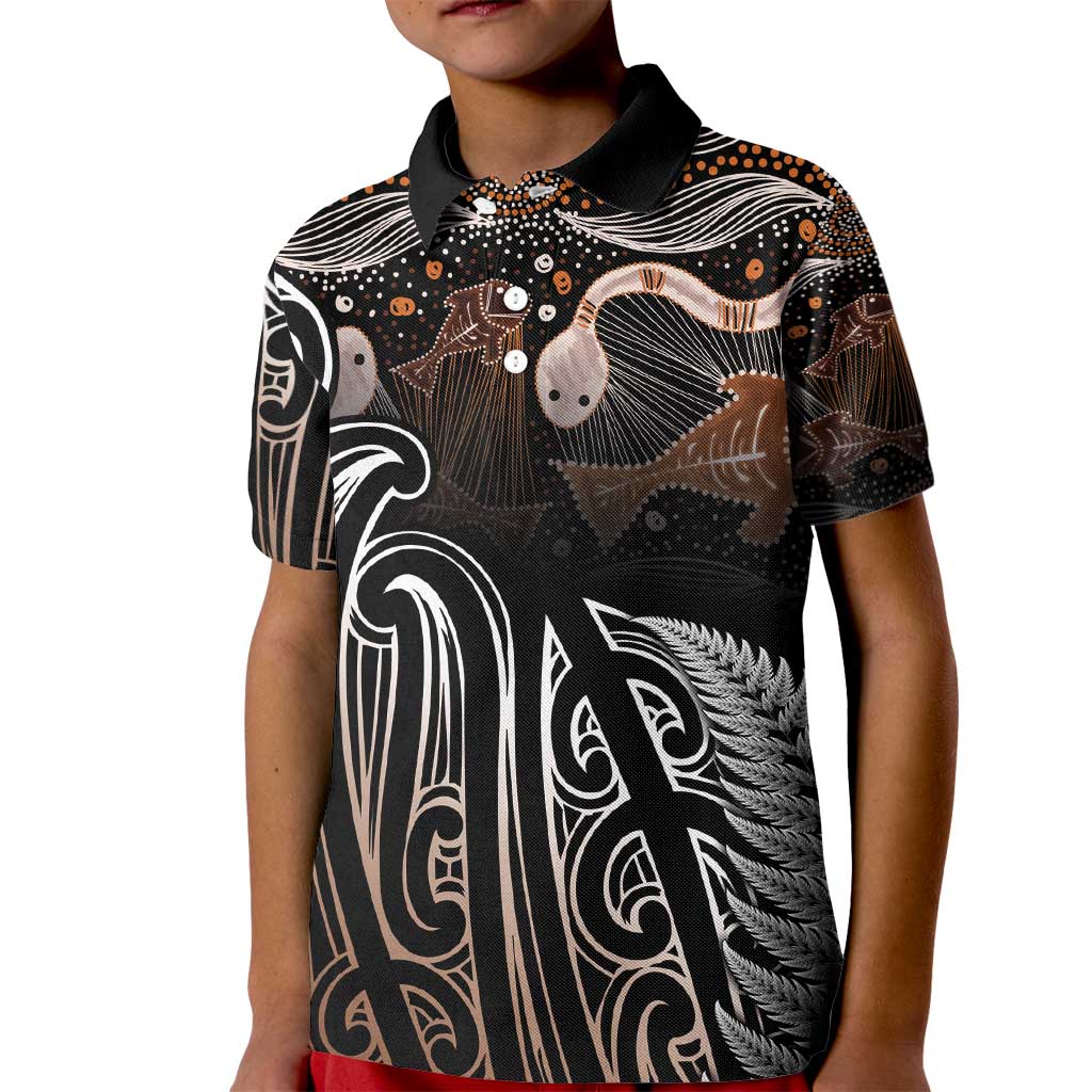 Aotearoa Maori - Australia Indigenous Kid Polo Shirt Koiri Whakairo Mix Aboriginal Art LT7 Kid Brown - Polynesian Pride