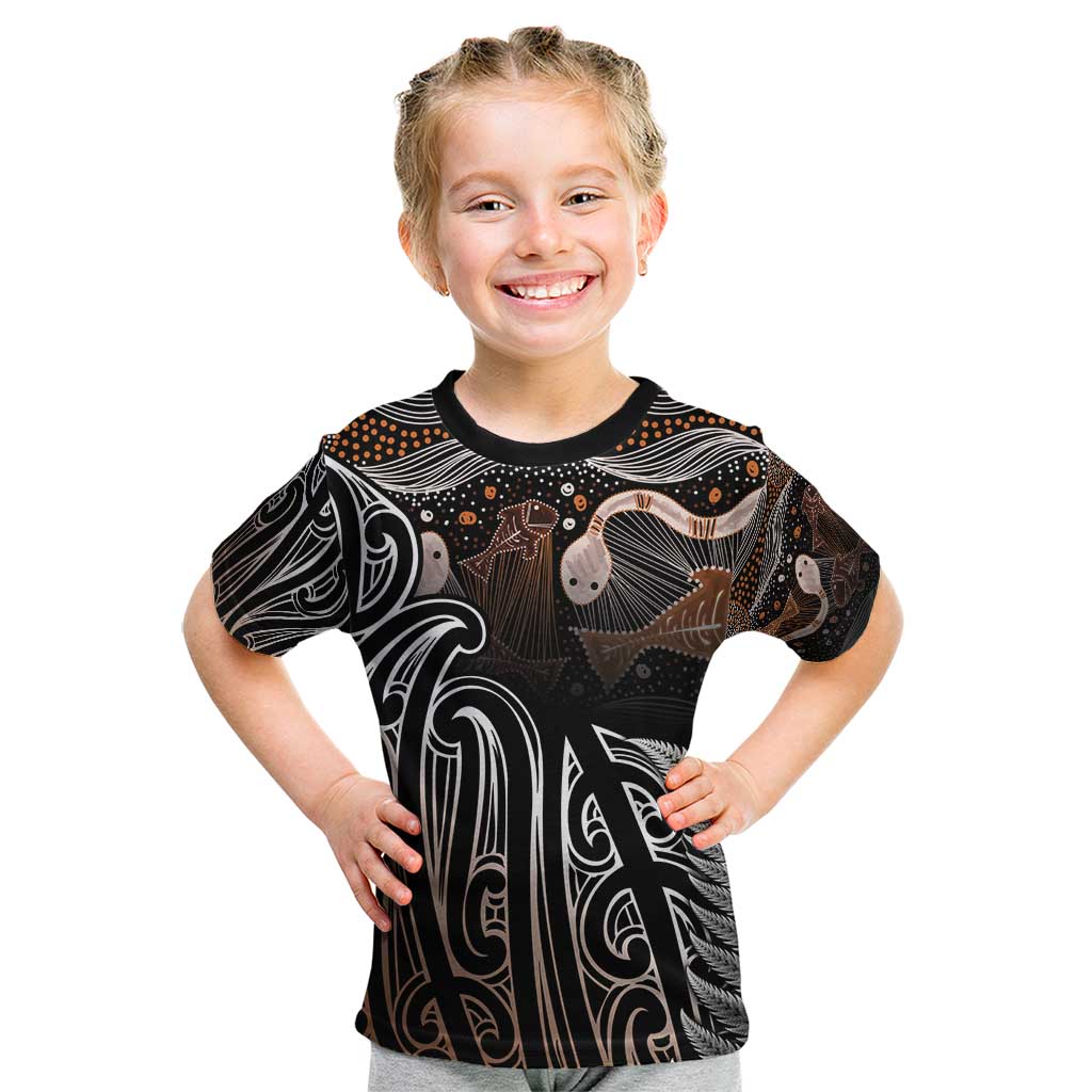 Aotearoa Maori - Australia Indigenous Kid T Shirt Koiri Whakairo Mix Aboriginal Art LT7 Brown - Polynesian Pride