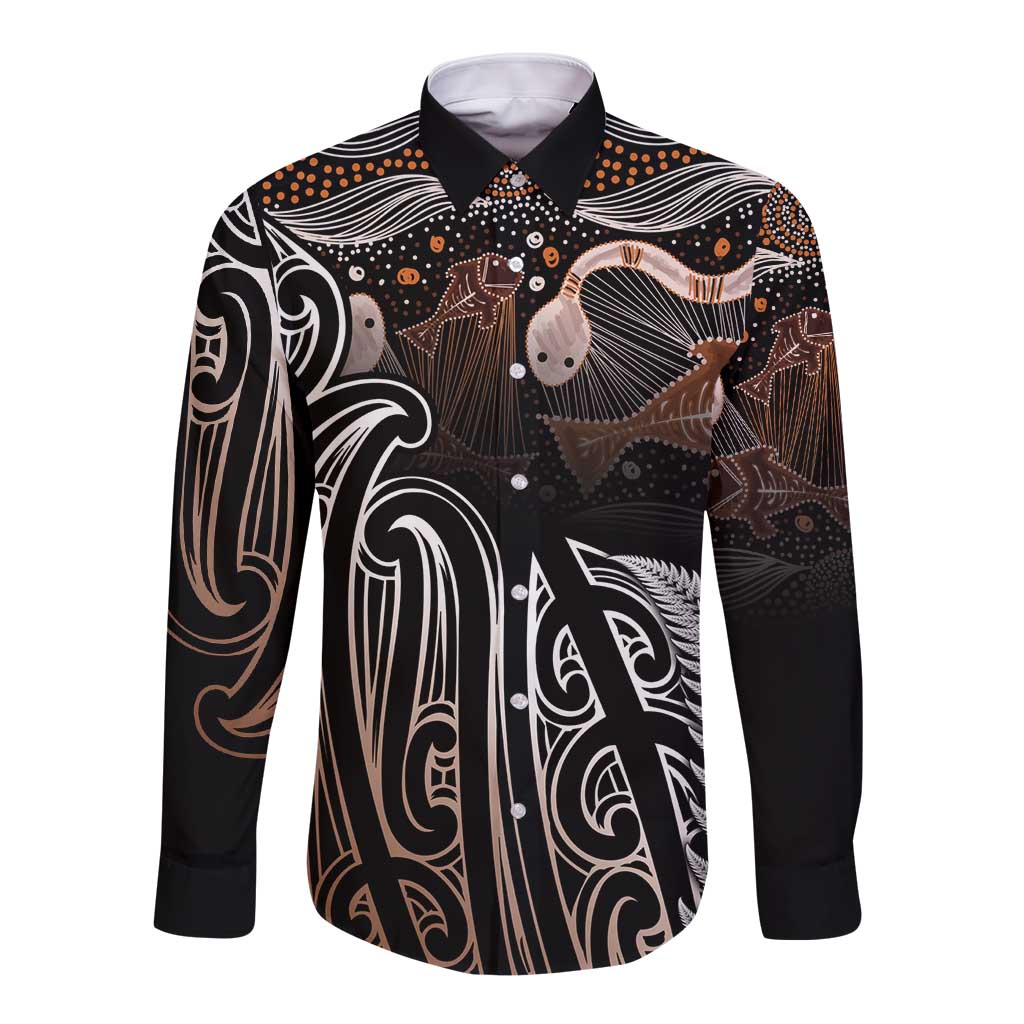 Aotearoa Maori - Australia Indigenous Long Sleeve Button Shirt Koiri Whakairo Mix Aboriginal Art LT7 Unisex Brown - Polynesian Pride