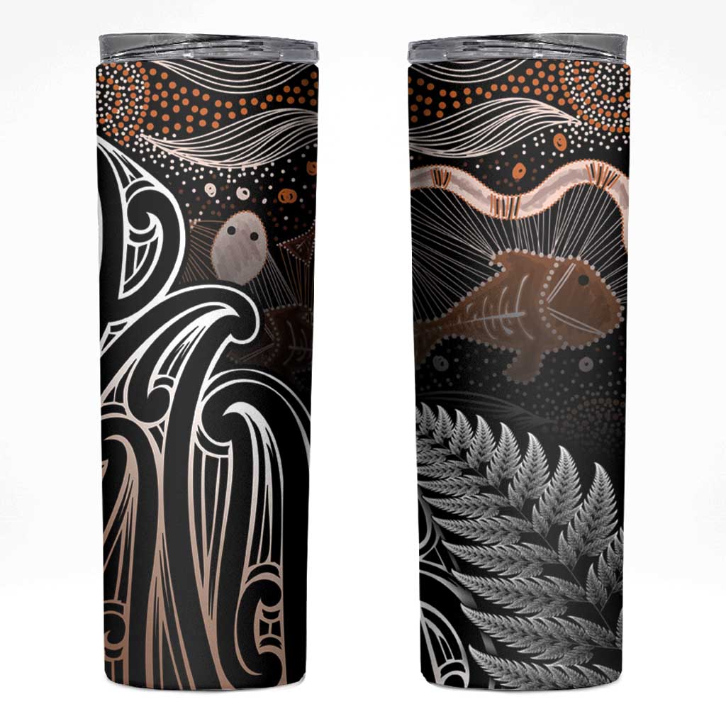 Aotearoa Maori - Australia Indigenous Skinny Tumbler Koiri Whakairo Mix Aboriginal Art LT7 Brown - Polynesian Pride