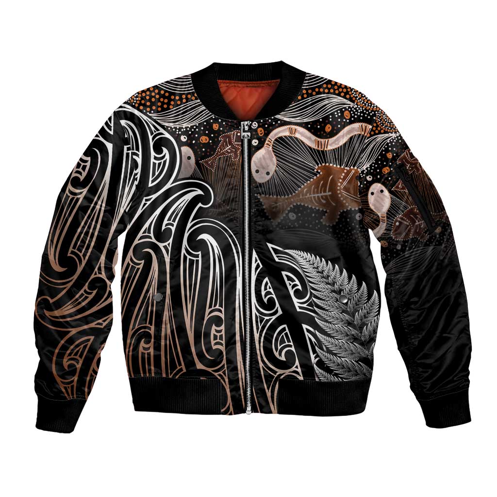 Aotearoa Maori - Australia Indigenous Sleeve Zip Bomber Jacket Koiri Whakairo Mix Aboriginal Art LT7 Unisex Brown - Polynesian Pride