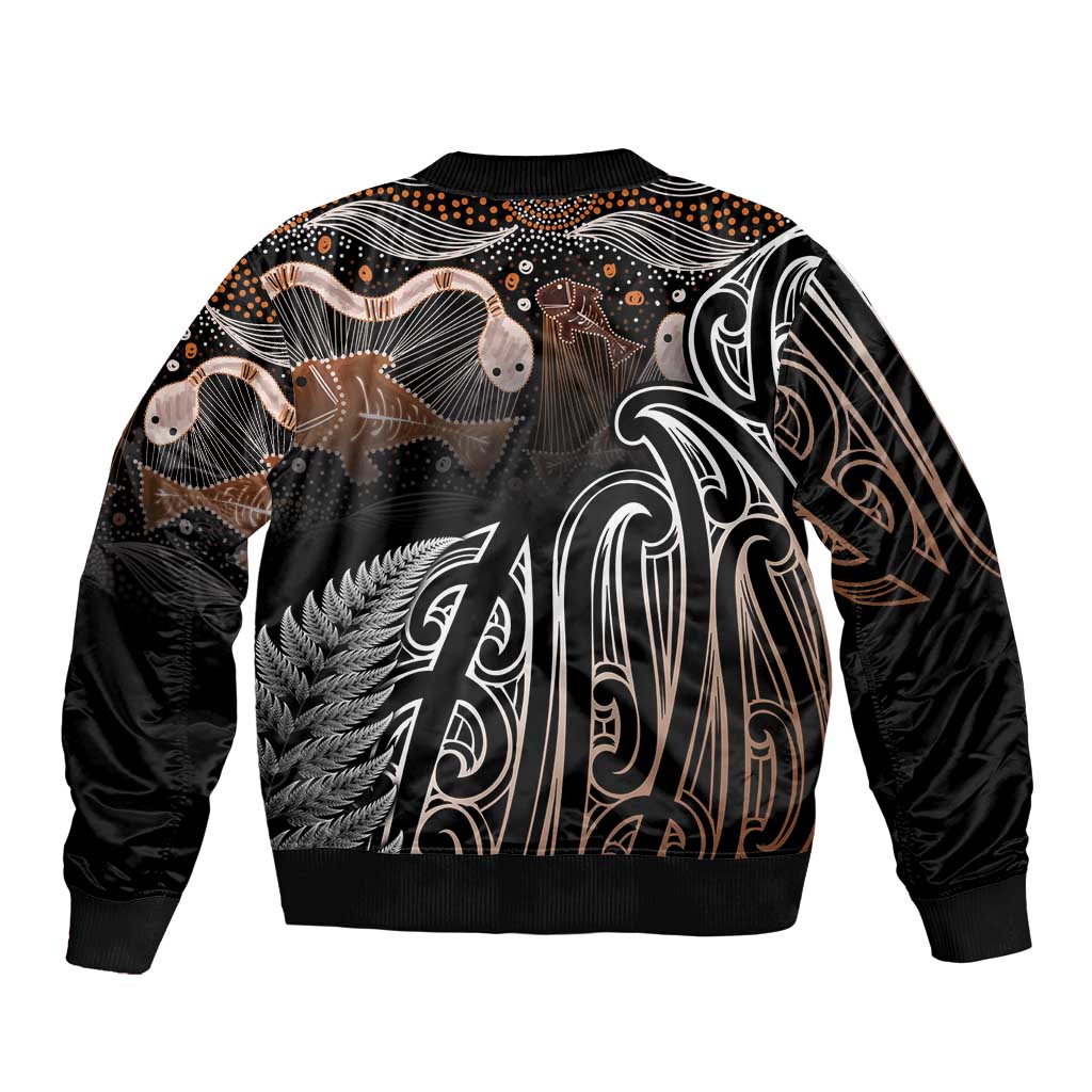 Aotearoa Maori - Australia Indigenous Sleeve Zip Bomber Jacket Koiri Whakairo Mix Aboriginal Art LT7 - Polynesian Pride