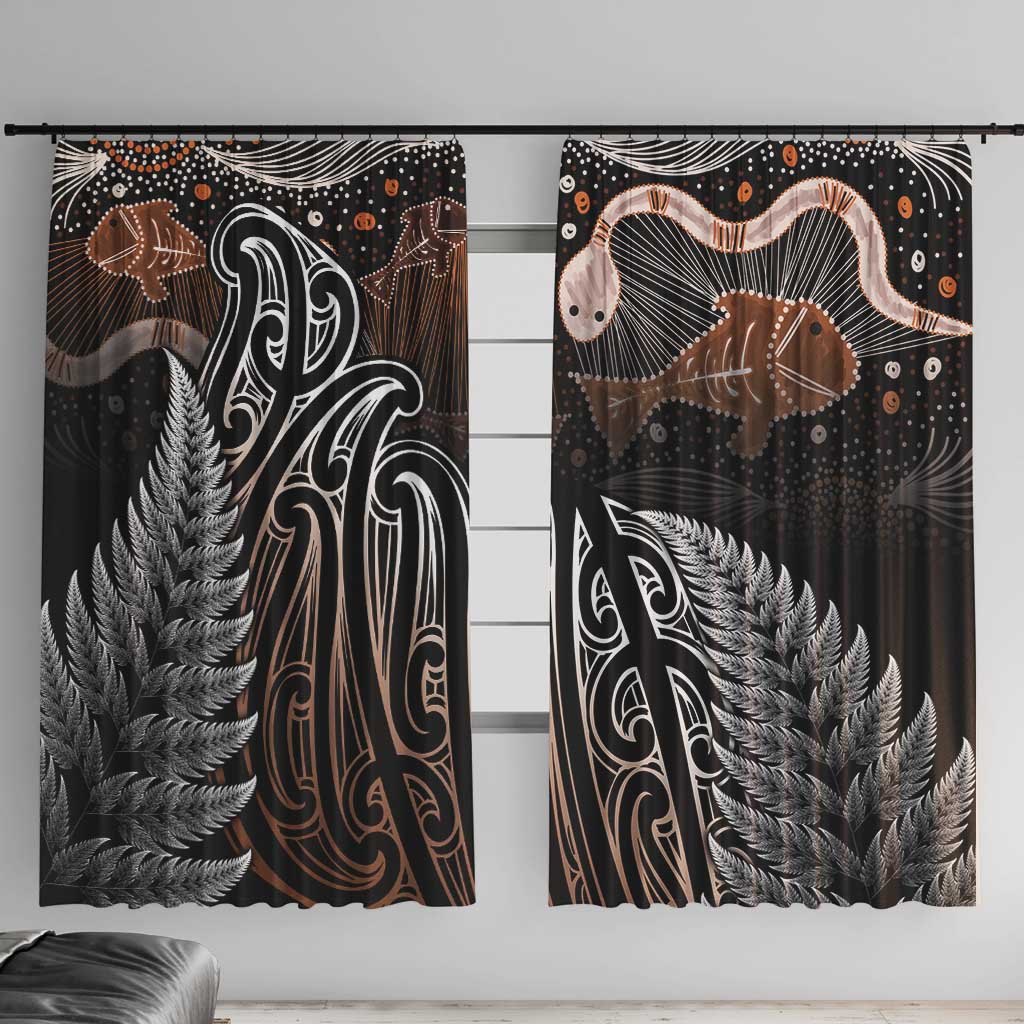 Aotearoa Maori - Australia Indigenous Window Curtain Koiri Whakairo Mix Aboriginal Art LT7 With Hooks Brown - Polynesian Pride