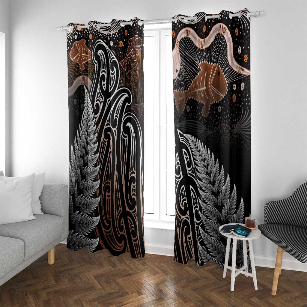 Aotearoa Maori - Australia Indigenous Window Curtain Koiri Whakairo Mix Aboriginal Art LT7 With Grommets Brown - Polynesian Pride