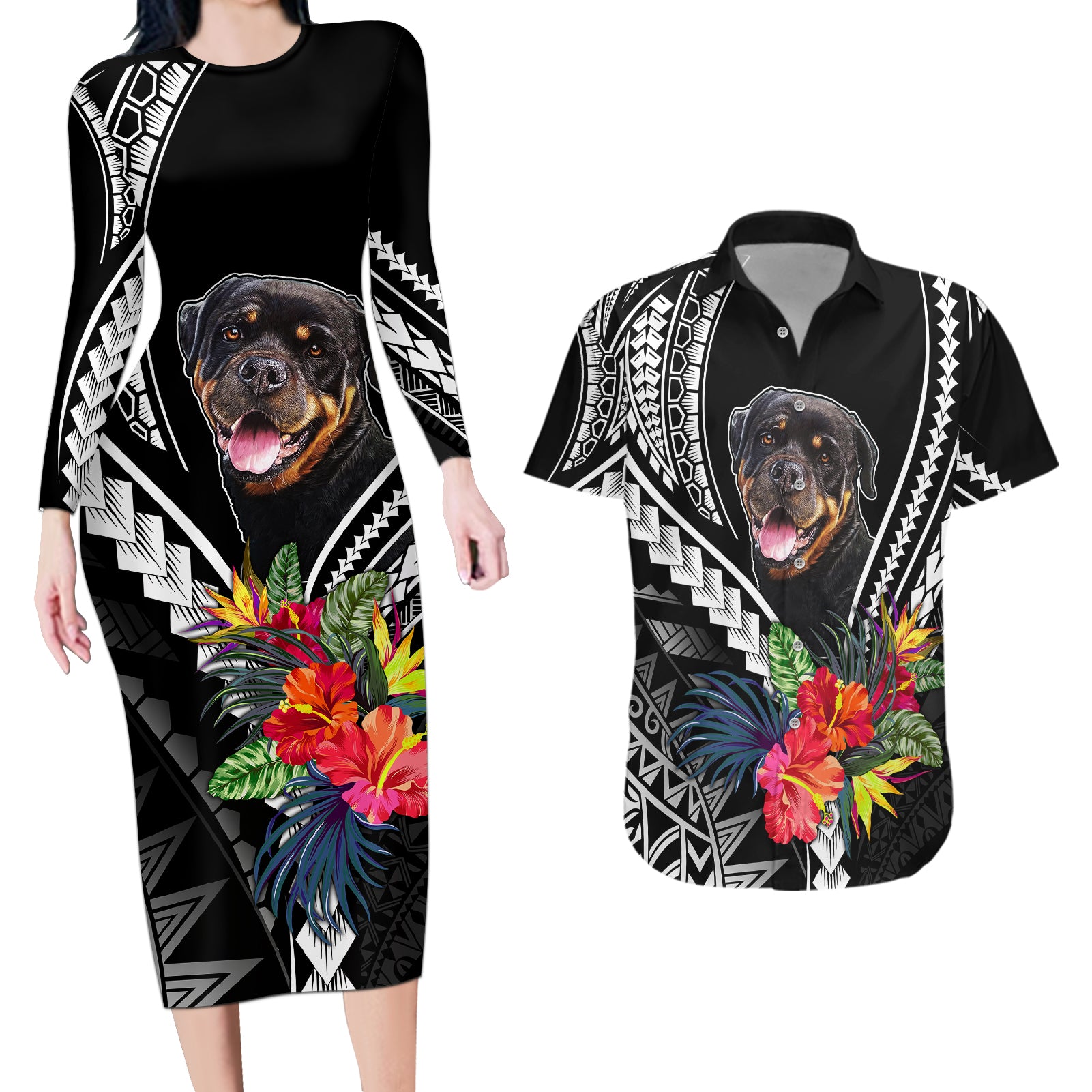 Personalised Polynesian Dog Couples Matching Long Sleeve Bodycon Dress and Hawaiian Shirt Rottweiler With Polynesia Pattern Curve Style LT7 Black - Polynesian Pride