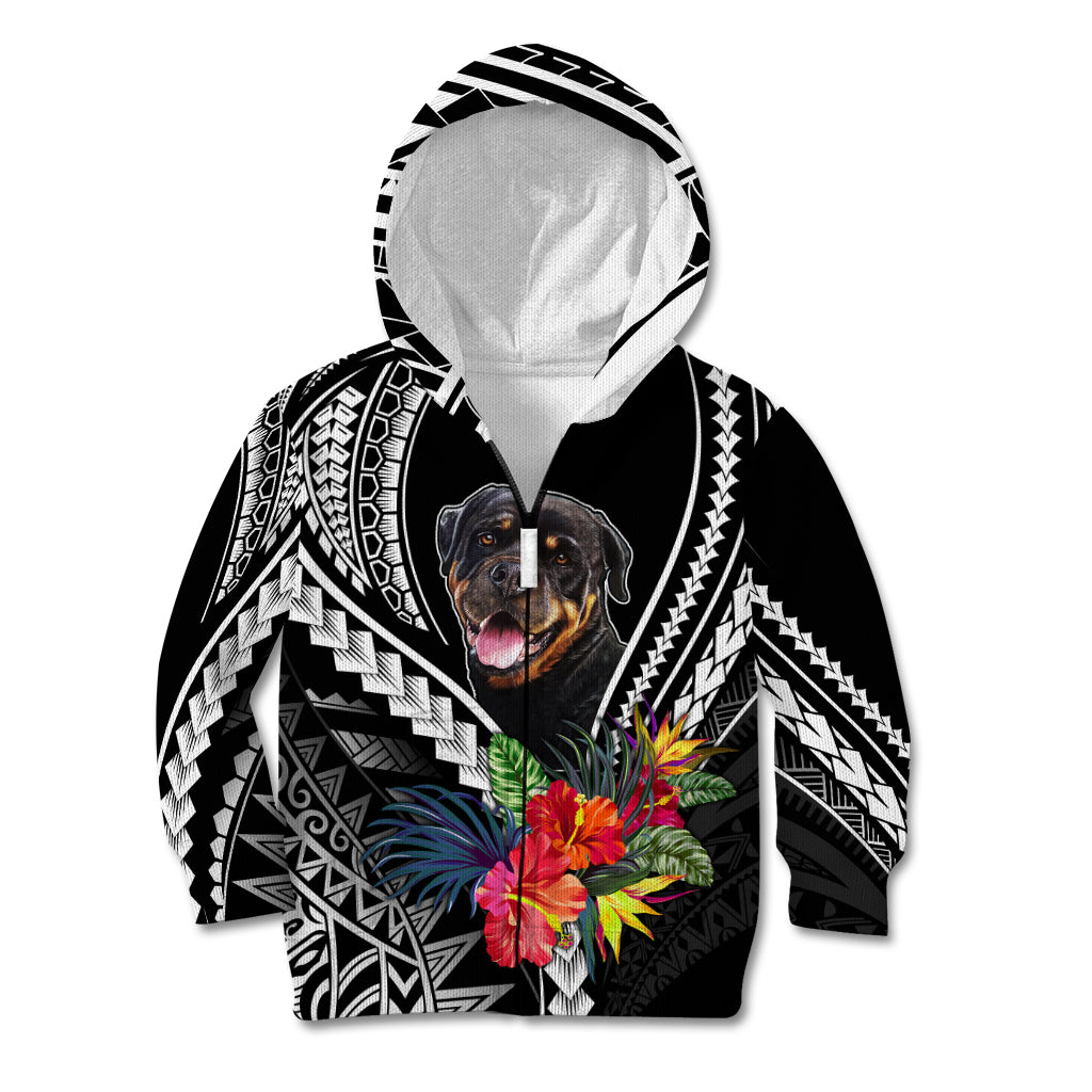 Personalised Polynesian Dog Kid Hoodie Rottweiler With Polynesia Pattern Curve Style LT7 Zip Hoodie Black - Polynesian Pride