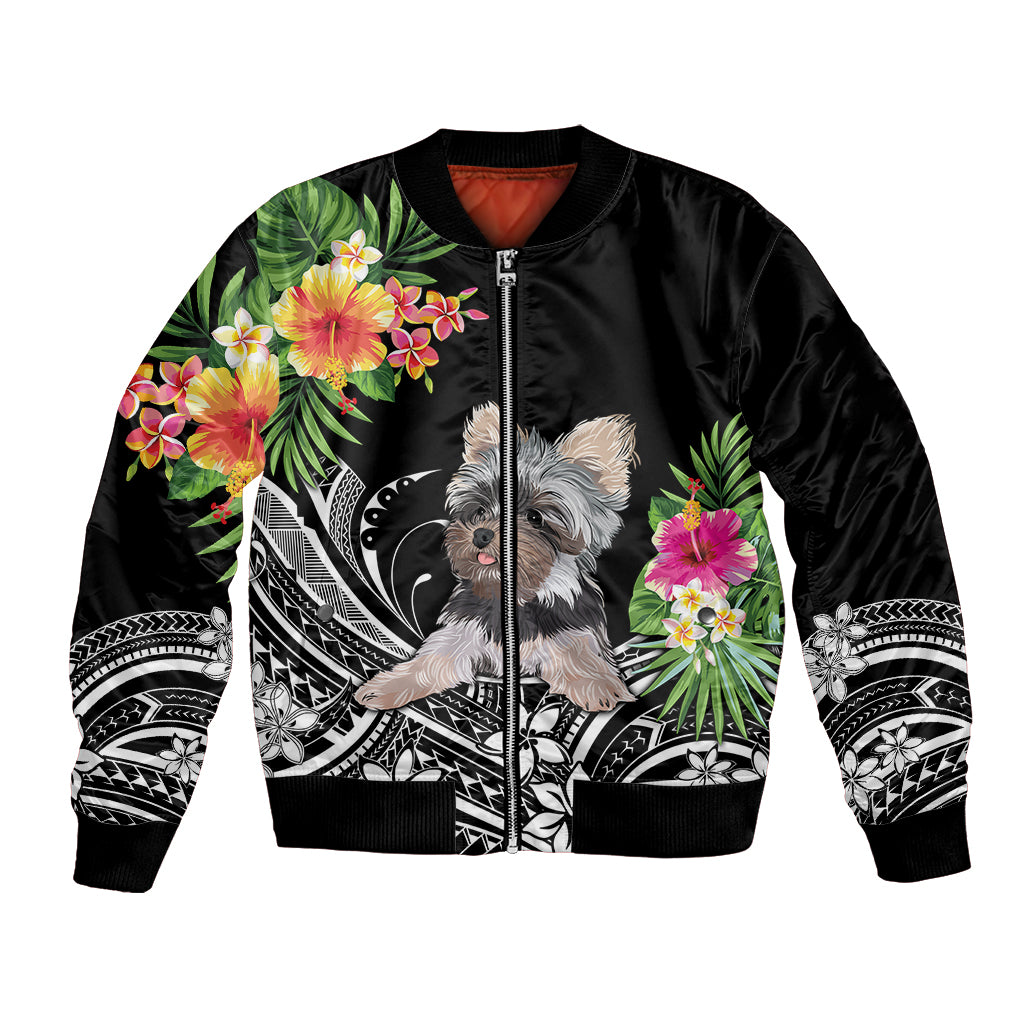 Personalised Polynesian Bomber Jacket With Yorkshire Terrier Floral Style LT7 Unisex Black - Polynesian Pride