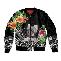 Personalised Polynesian Bomber Jacket With Yorkshire Terrier Floral Style LT7 Unisex Black - Polynesian Pride
