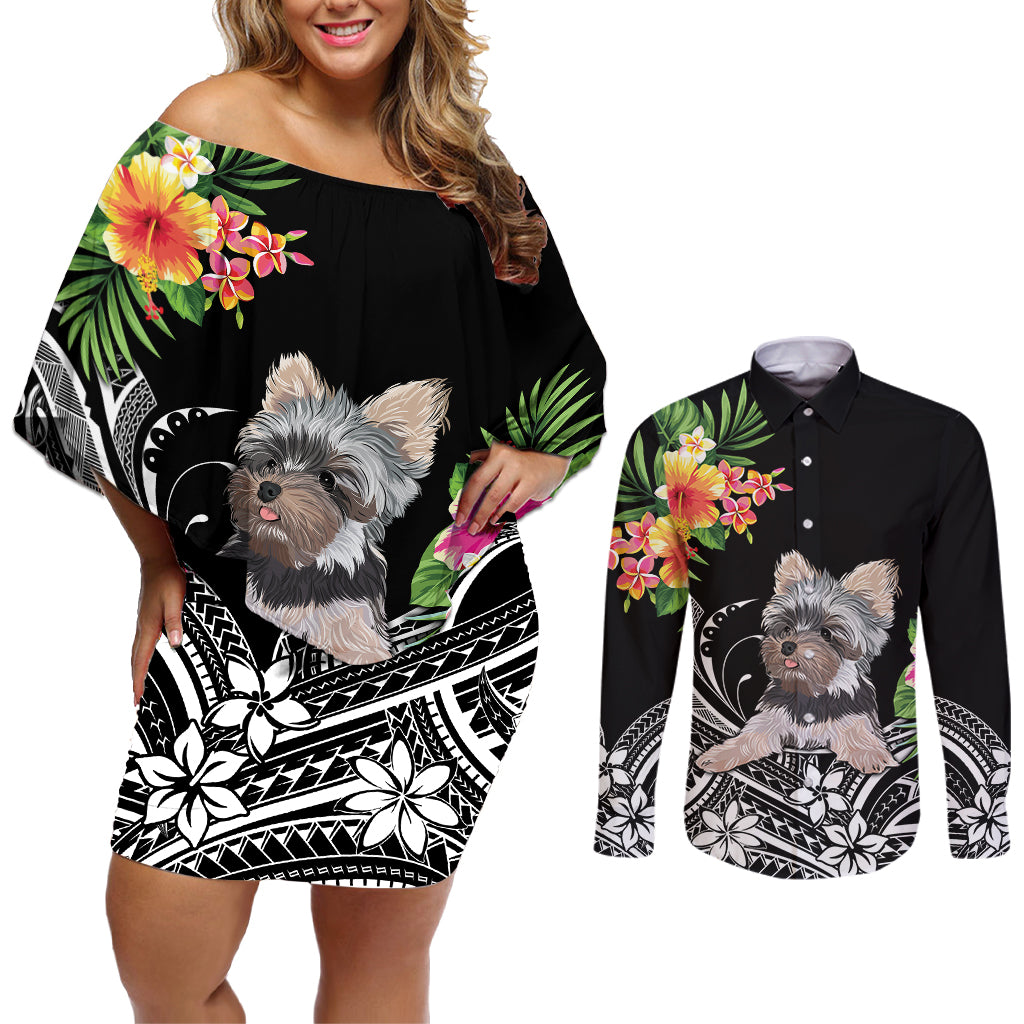 Personalised Polynesian Couples Matching Off Shoulder Short Dress and Long Sleeve Button Shirts With Yorkshire Terrier Floral Style LT7 Black - Polynesian Pride