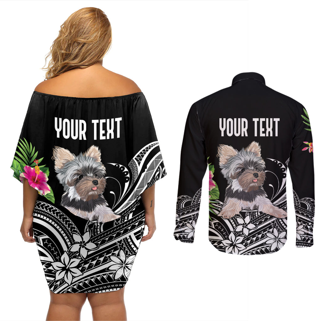 Personalised Polynesian Couples Matching Off Shoulder Short Dress and Long Sleeve Button Shirts With Yorkshire Terrier Floral Style LT7 - Polynesian Pride