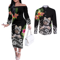 Personalised Polynesian Couples Matching Off The Shoulder Long Sleeve Dress and Long Sleeve Button Shirts With Yorkshire Terrier Floral Style LT7 Black - Polynesian Pride
