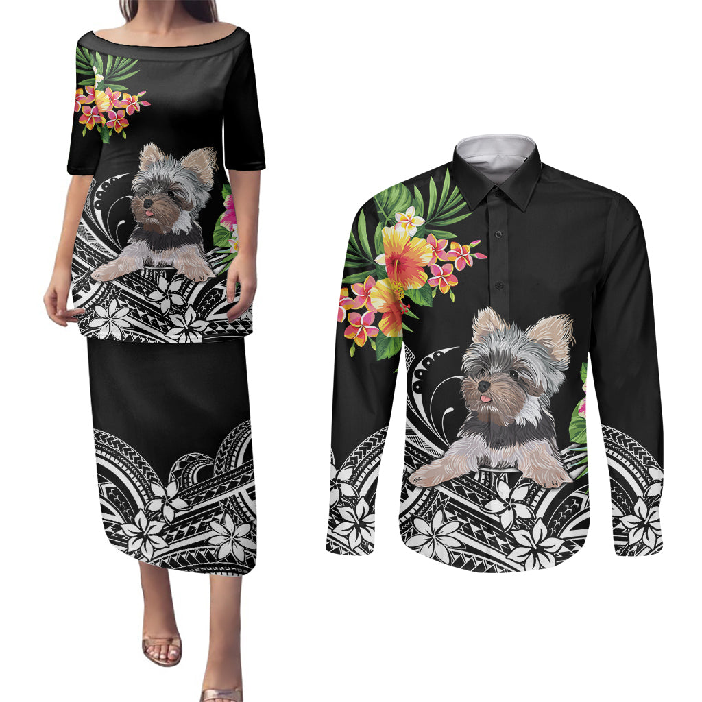 Personalised Polynesian Couples Matching Puletasi Dress and Long Sleeve Button Shirts With Yorkshire Terrier Floral Style LT7 Black - Polynesian Pride