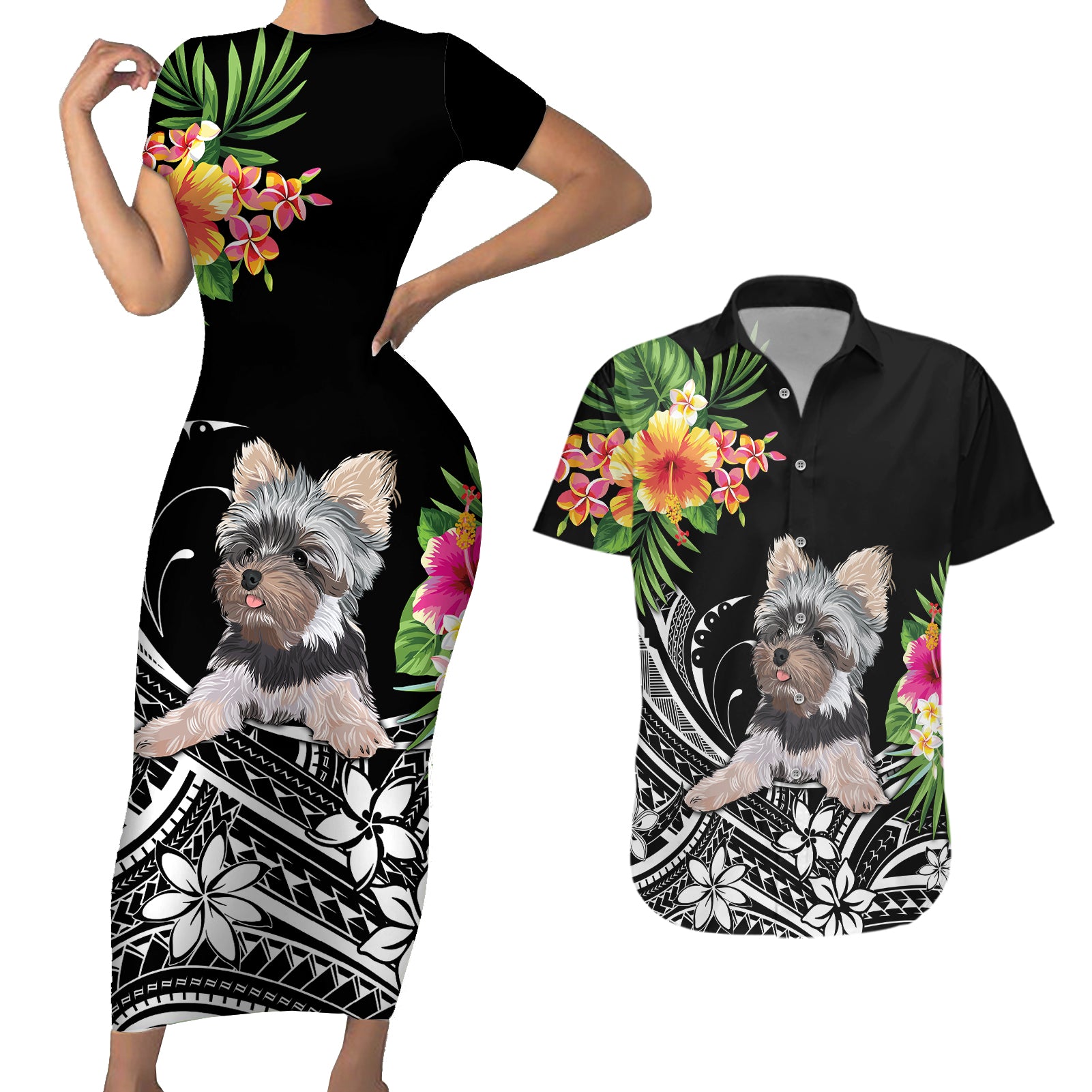 Personalised Polynesian Couples Matching Short Sleeve Bodycon Dress and Hawaiian Shirt With Yorkshire Terrier Floral Style LT7 Black - Polynesian Pride