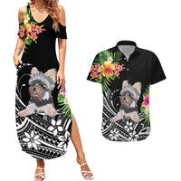 Personalised Polynesian Couples Matching Summer Maxi Dress and Hawaiian Shirt With Yorkshire Terrier Floral Style LT7 Black - Polynesian Pride
