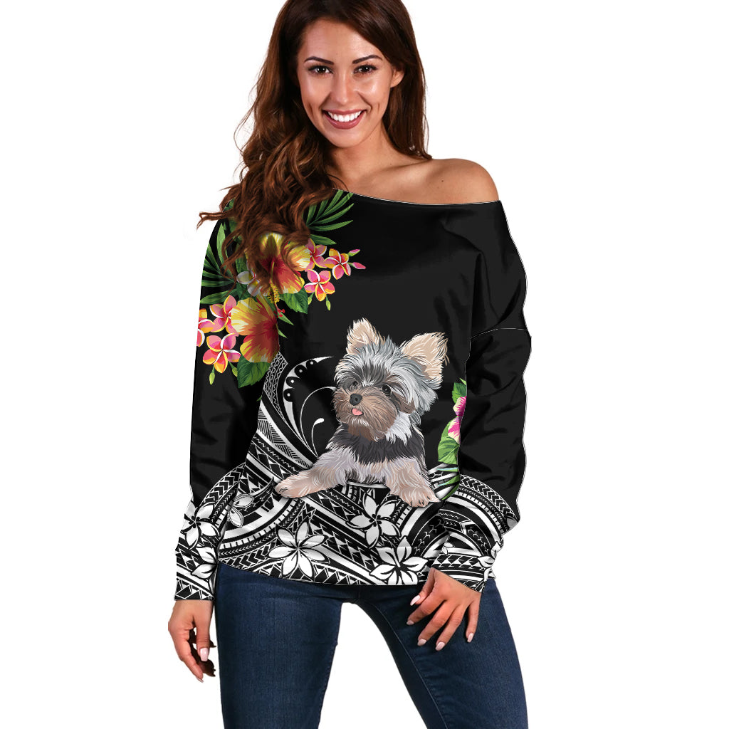 Personalised Polynesian Off Shoulder Sweater With Yorkshire Terrier Floral Style LT7 Women Black - Polynesian Pride