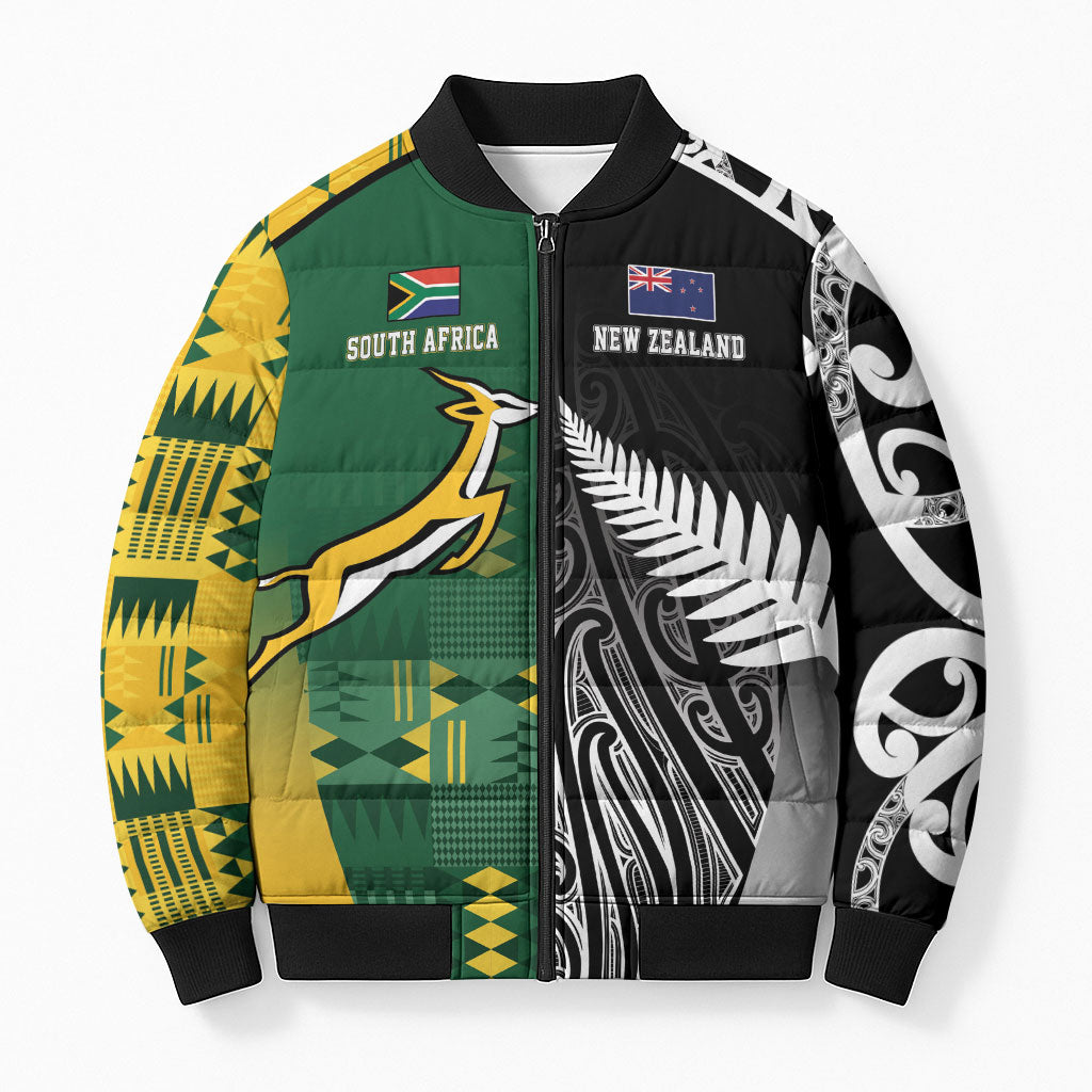 Custom Rugby South Africa New Zealand Greatest Rivals Bomber Puffer Jacket Tribal Motifs LT7 Unisex Multicolor - Polynesian Pride