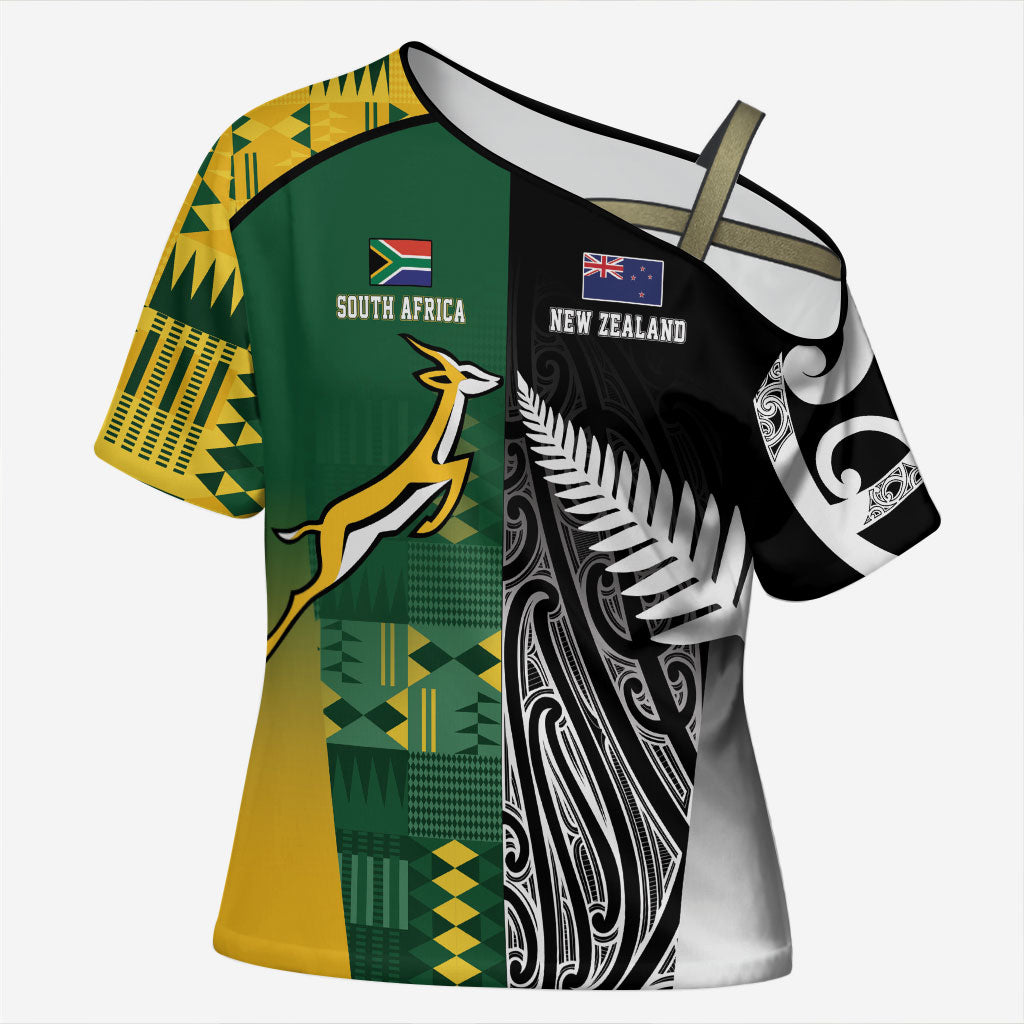 Custom Rugby South Africa New Zealand Greatest Rivals Cross Shoulder Shirt Tribal Motifs LT7 Female Multicolor - Polynesian Pride
