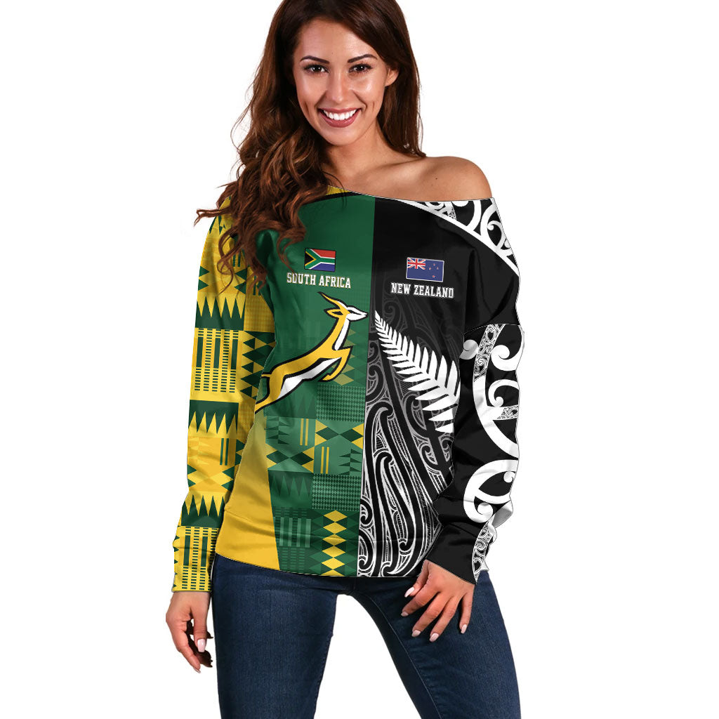 Custom Rugby South Africa New Zealand Greatest Rivals Off Shoulder Sweater Tribal Motifs LT7 Women Multicolor - Polynesian Pride