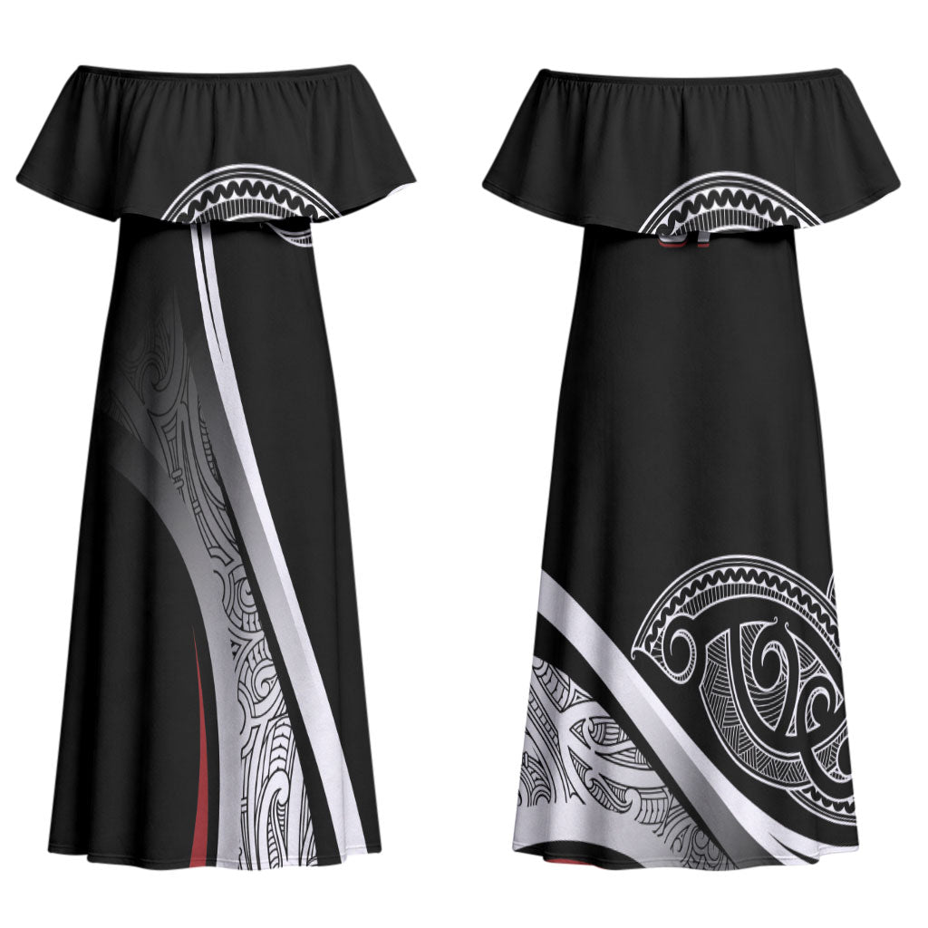 Aotearoa Maori Rugby Custom Couples Matching Off Shoulder Maxi Dress and Hawaiian Shirt Kapa O Pango LT7 - Polynesian Pride