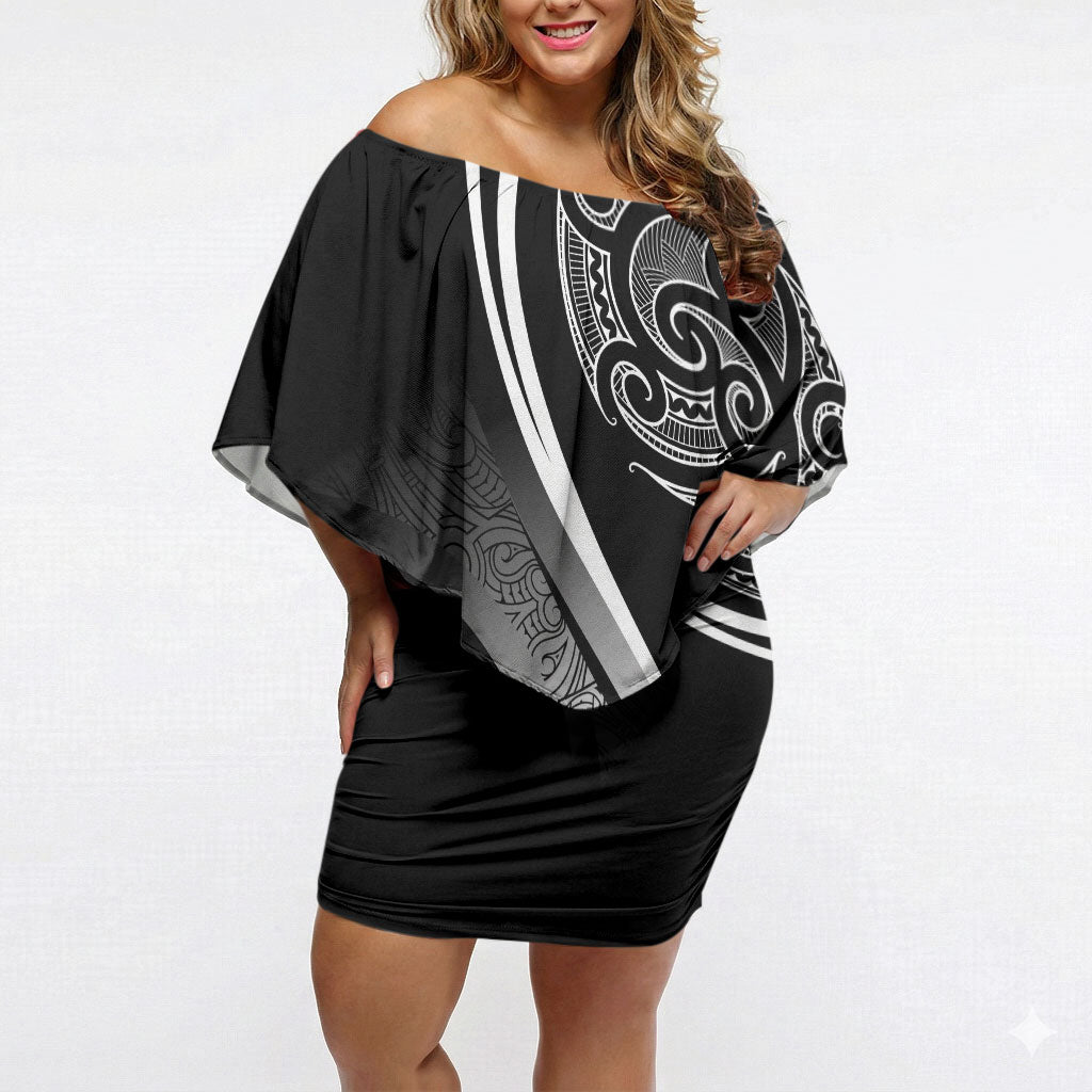 Aotearoa Maori Rugby Custom Off Shoulder Short Dress Kapa O Pango LT7 Women Black - Polynesian Pride