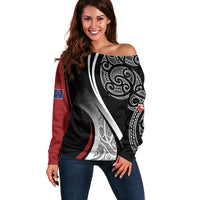 Aotearoa Maori Rugby Custom Off Shoulder Sweater Kapa O Pango LT7 Women Black - Polynesian Pride