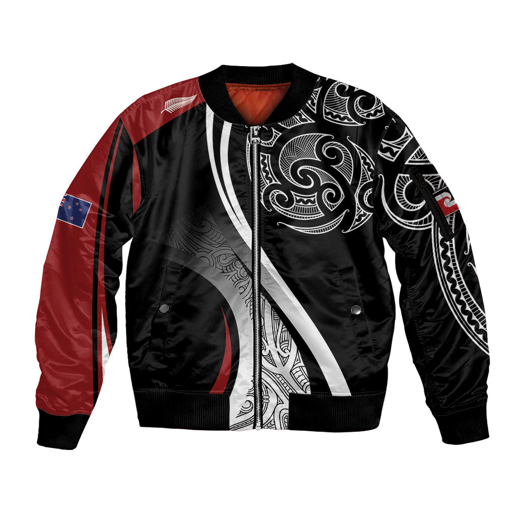 Aotearoa Maori Rugby Custom Sleeve Zip Bomber Jacket Kapa O Pango LT7 Unisex Black - Polynesian Pride