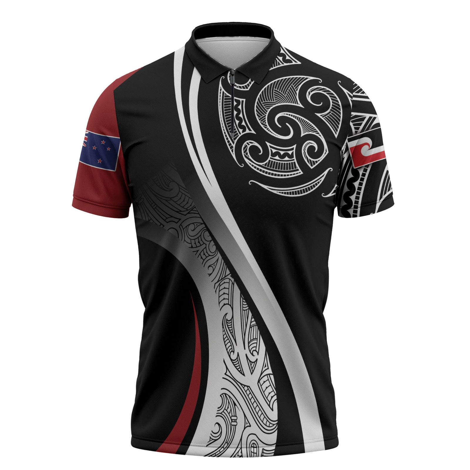 Aotearoa Maori Rugby Custom Zipper Polo Shirt Kapa O Pango LT7 Black - Polynesian Pride