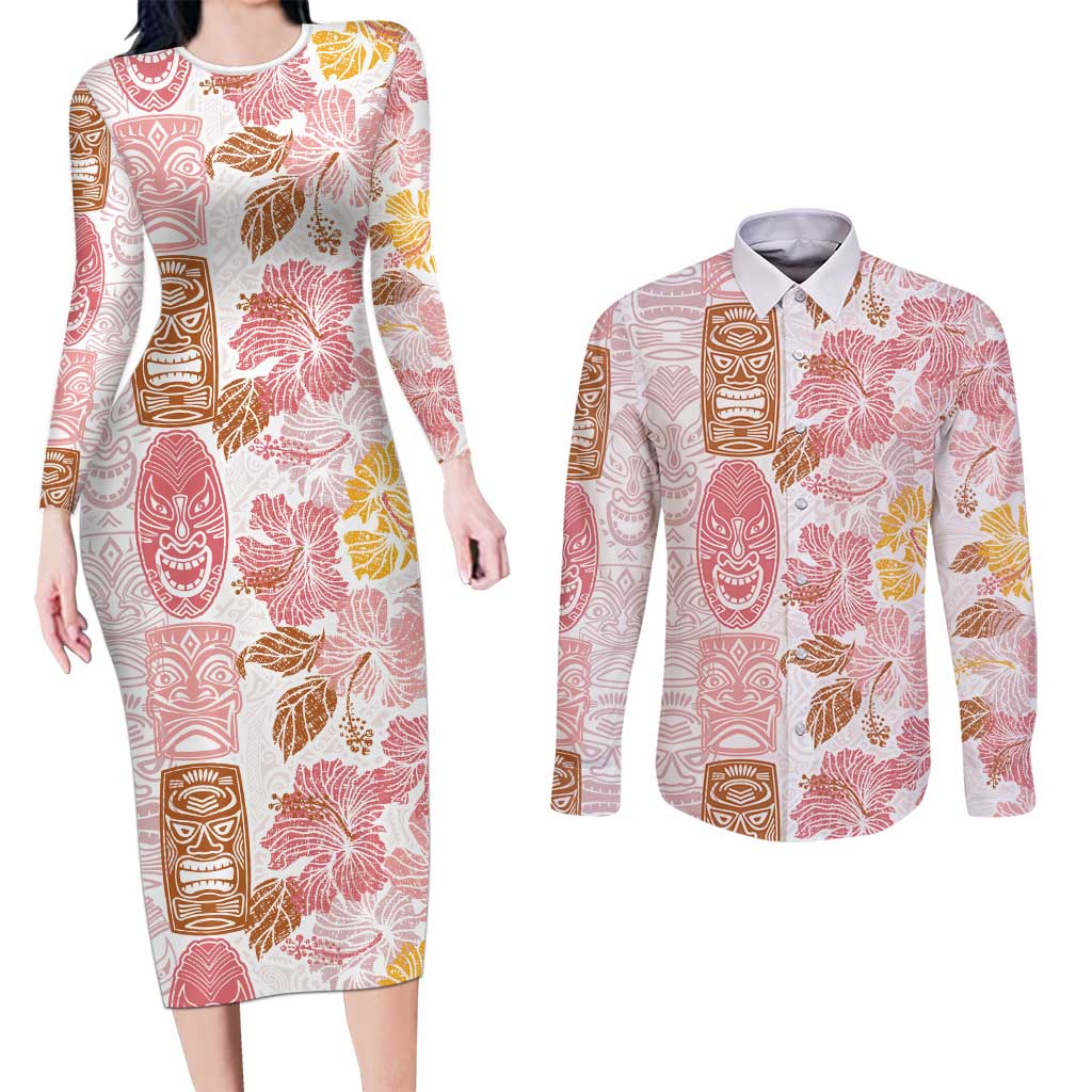 Christmas Aloha Hawaii Tiki Couples Matching Long Sleeve Bodycon Dress and Long Sleeve Button Shirt Hibiscus Spring Colors - Polynesian Pride