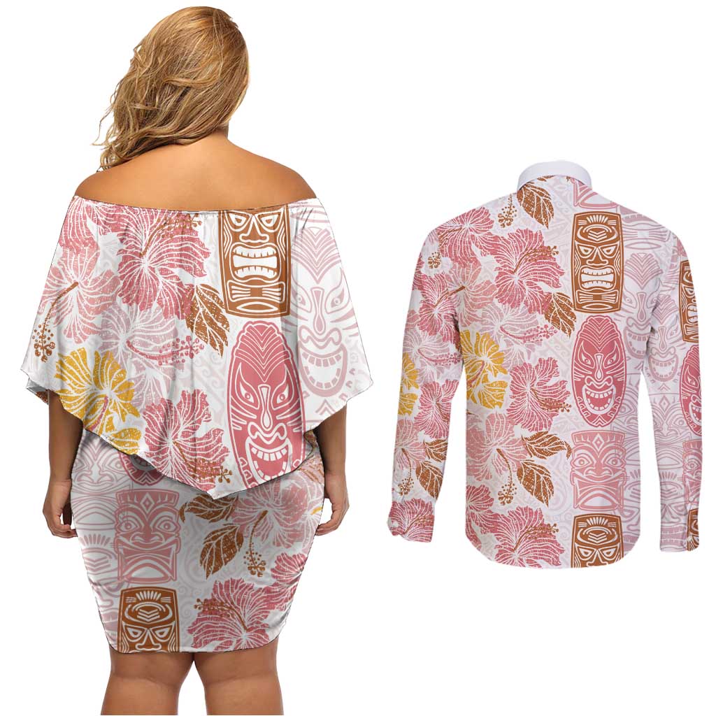 Christmas Aloha Hawaii Tiki Couples Matching Off Shoulder Short Dress and Long Sleeve Button Shirt Hibiscus Spring Colors - Polynesian Pride