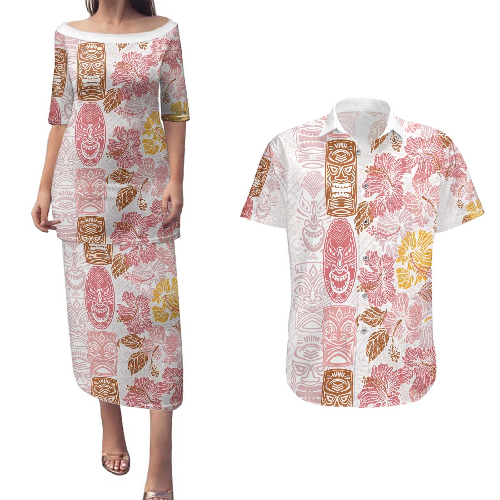 Christmas Aloha Hawaii Tiki Couples Matching Puletasi and Hawaiian Shirt Hibiscus Spring Colors - Polynesian Pride