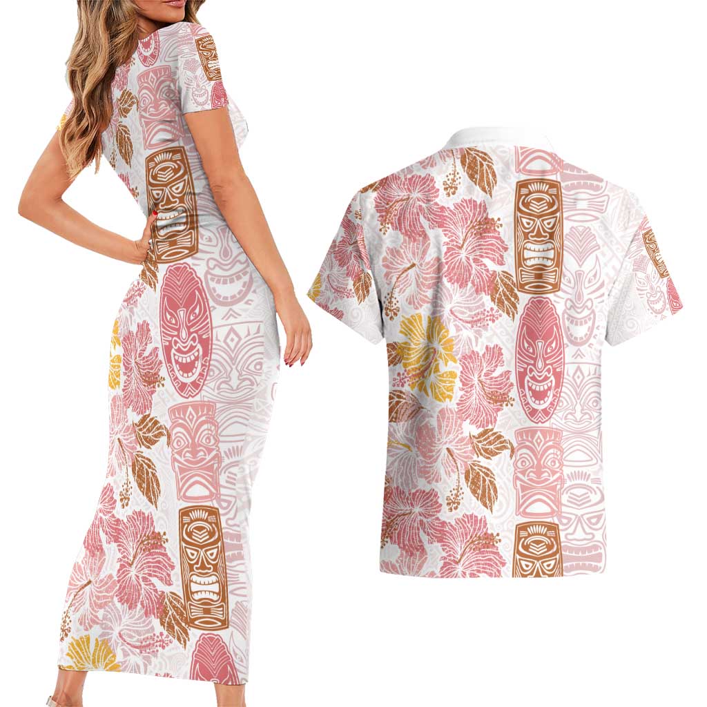 Christmas Aloha Hawaii Tiki Couples Matching Short Sleeve Bodycon Dress and Hawaiian Shirt Hibiscus Spring Colors - Polynesian Pride