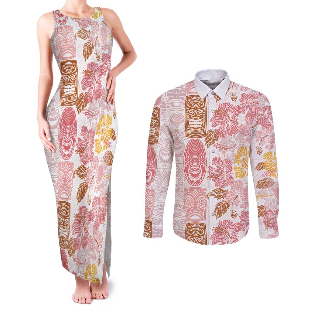 Christmas Aloha Hawaii Tiki Couples Matching Tank Maxi Dress and Long Sleeve Button Shirt Hibiscus Spring Colors - Polynesian Pride