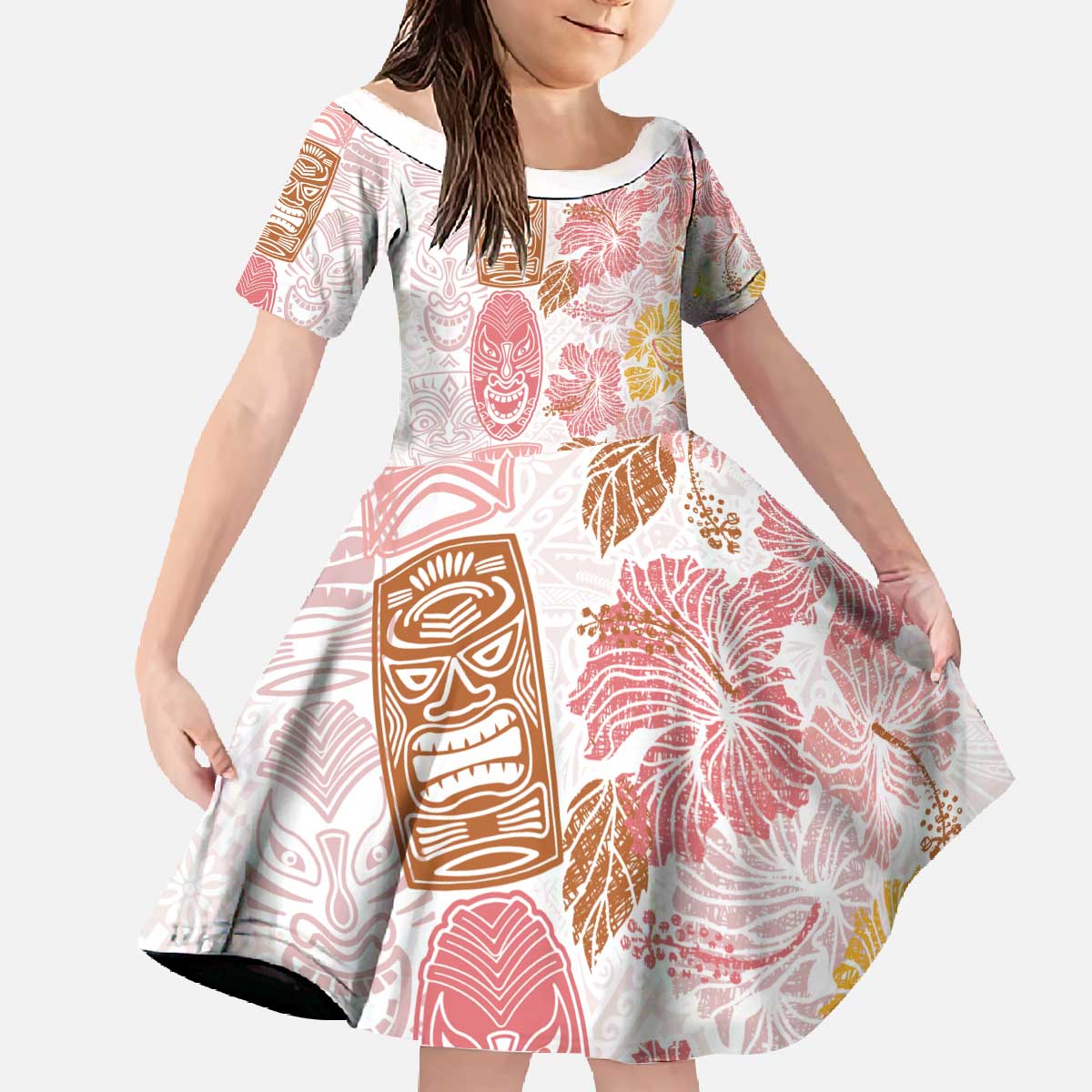 Christmas Aloha Hawaii Tiki Family Matching Off The Shoulder Long Sleeve Dress and Hawaiian Shirt Hibiscus Spring Colors - Polynesian Pride