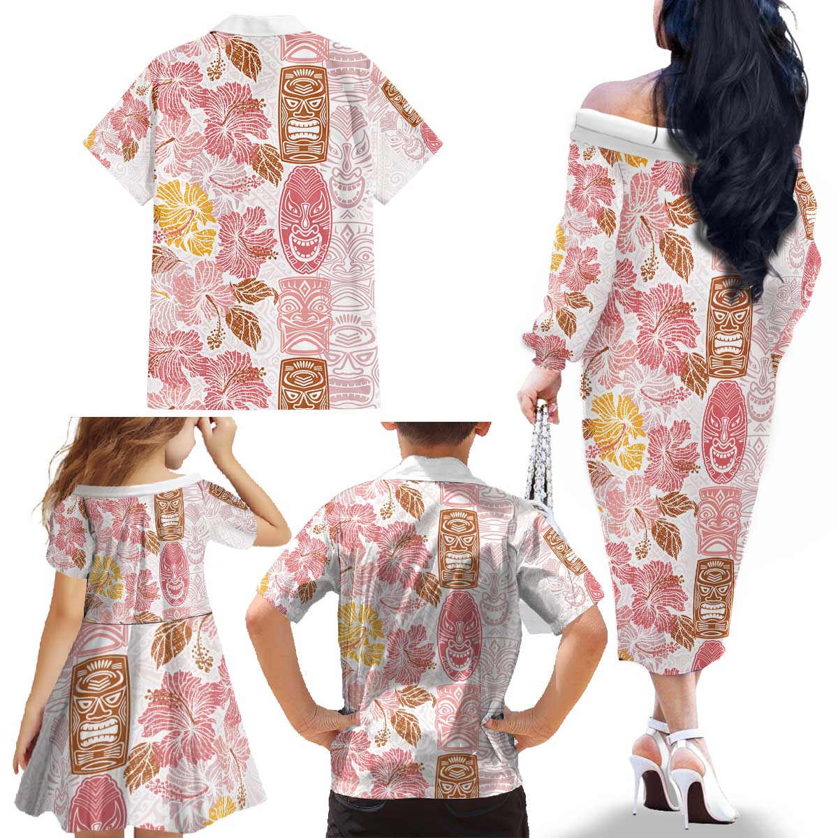 Christmas Aloha Hawaii Tiki Family Matching Off The Shoulder Long Sleeve Dress and Hawaiian Shirt Hibiscus Spring Colors - Polynesian Pride