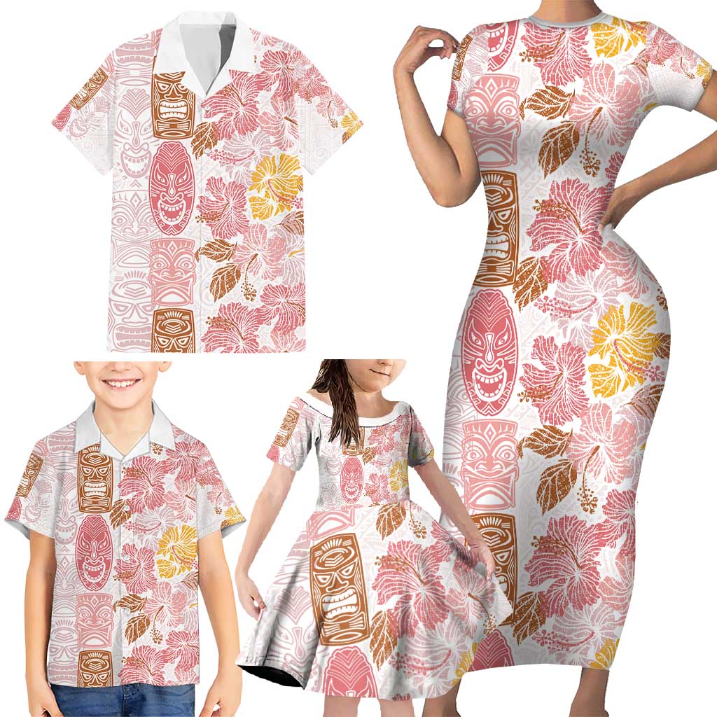 Christmas Aloha Hawaii Tiki Family Matching Short Sleeve Bodycon Dress and Hawaiian Shirt Hibiscus Spring Colors - Polynesian Pride