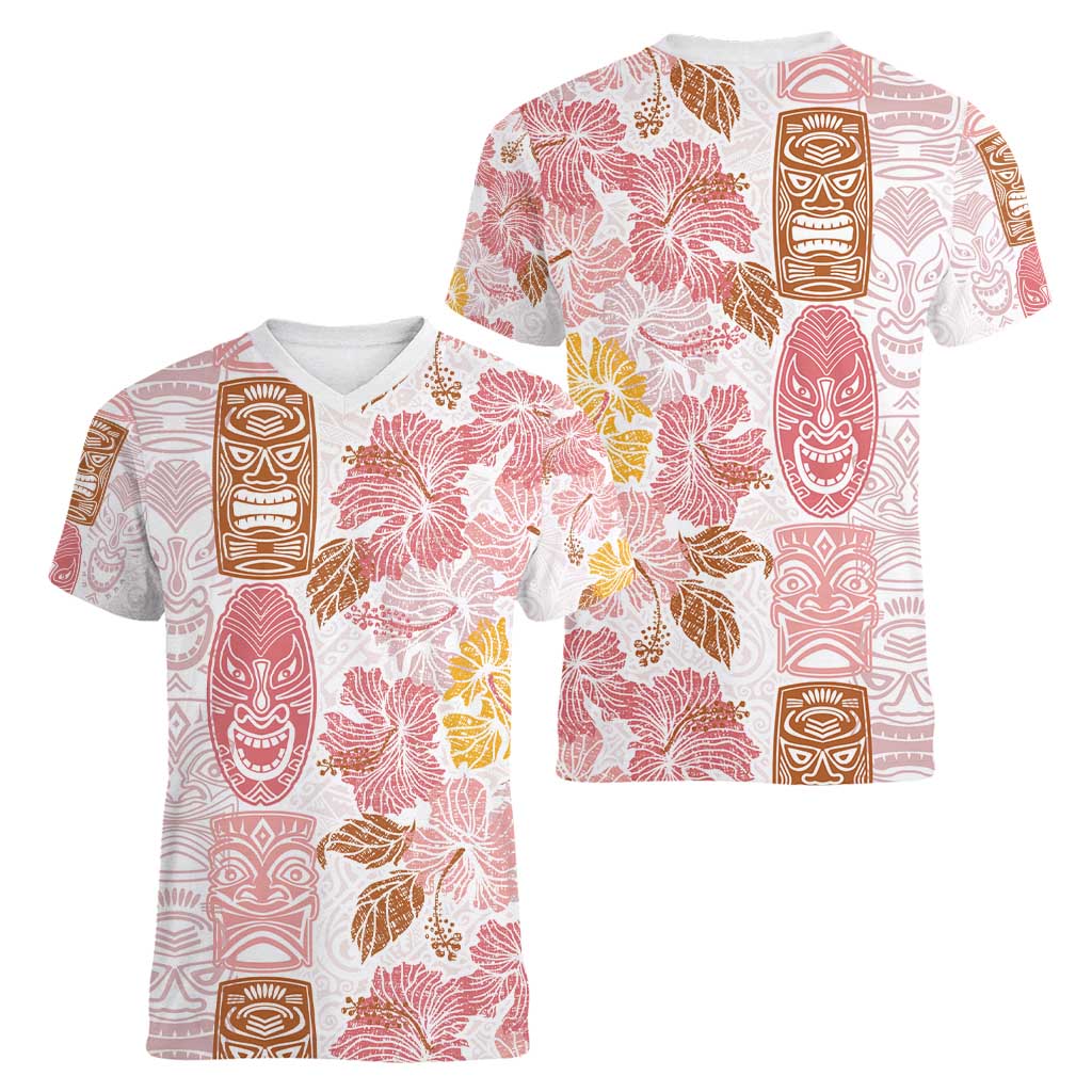 Christmas Aloha Hawaii Tiki Women V-Neck T-Shirt Hibiscus Spring Colors - Polynesian Pride