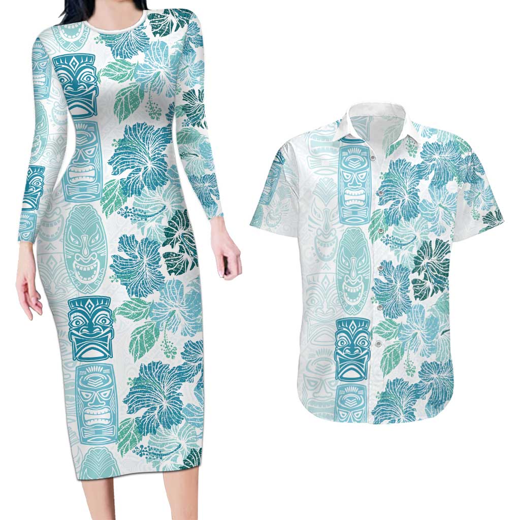 Christmas Aloha Hawaii Tiki Couples Matching Long Sleeve Bodycon Dress and Hawaiian Shirt Hibiscus Summer Colors - Polynesian Pride