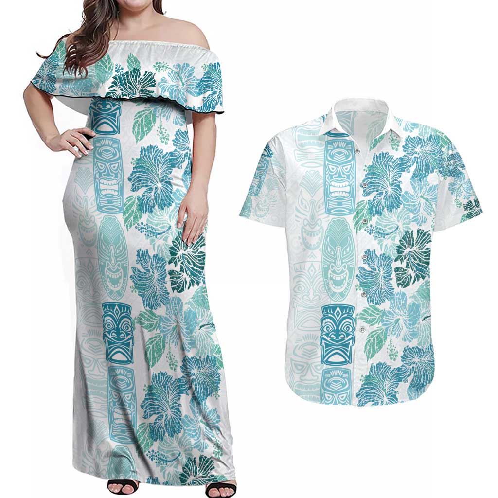 Christmas Aloha Hawaii Tiki Couples Matching Off Shoulder Maxi Dress and Hawaiian Shirt Hibiscus Summer Colors - Polynesian Pride